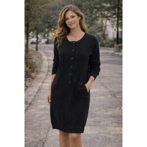 Sabino Sweatshirt Dress Black LS Lagenlook Half Button Up 100% Cotton Size S